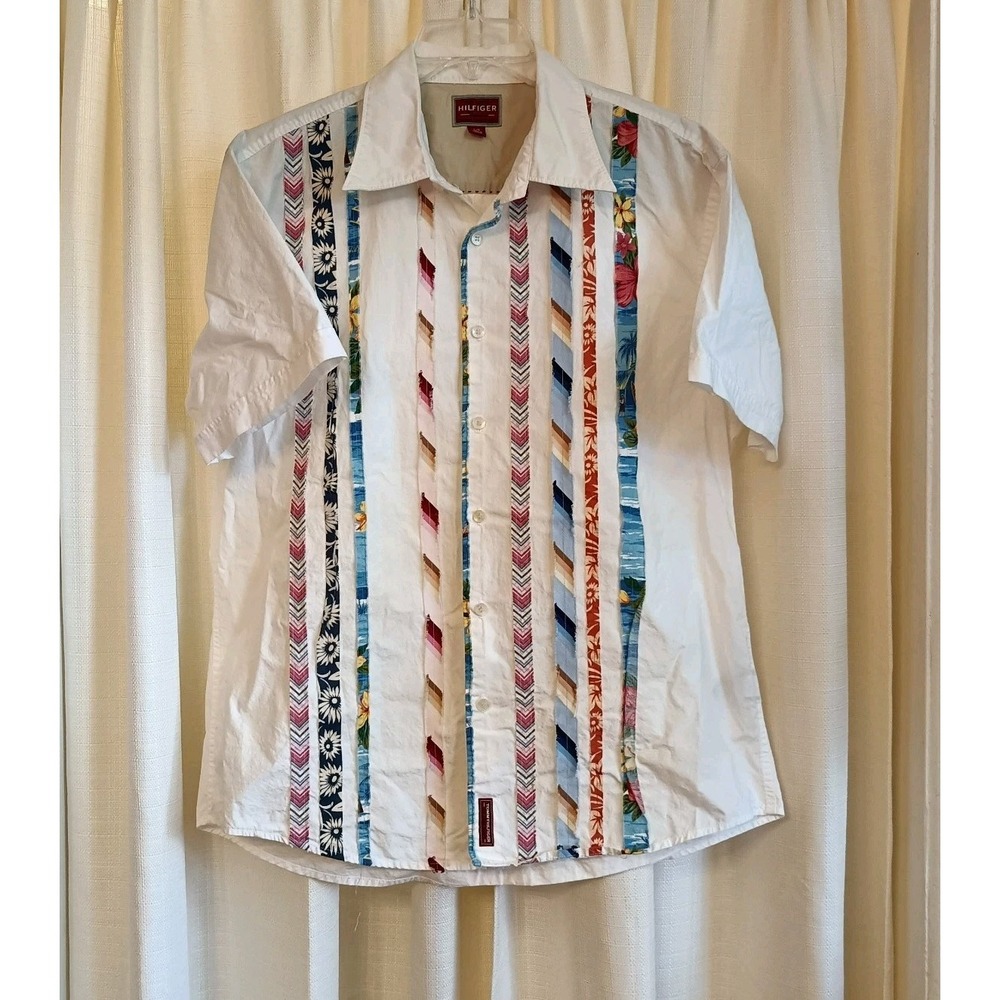 Vtg Hilfiger Red Label Men's Size‎ L White Hawaiian Bandana Striped Shirt